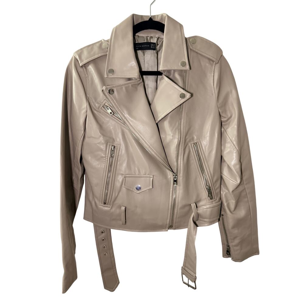 Dilvin Woman Beige Faux Leather Moto Jacket, Size 40